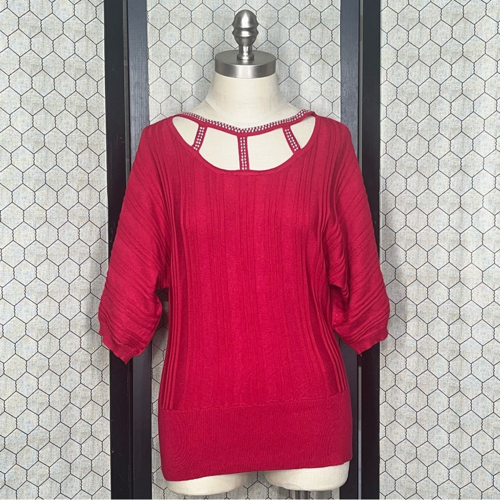 Adrienne Vittadini Embellished Neckline Short Sleeve Sweater